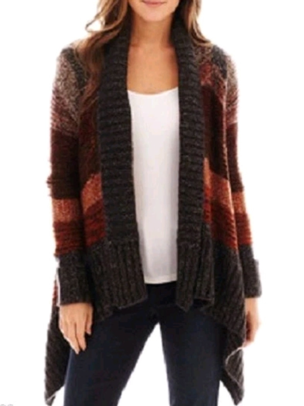🌼B2G1🌼 A.N.A. Open-Front Gray Burgandy Striped Knit Cardigan Cape